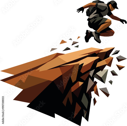 Low-poly vector illustration of a dune crest leap under peak tension, figure suspended mid-air above a steep drop with compressed