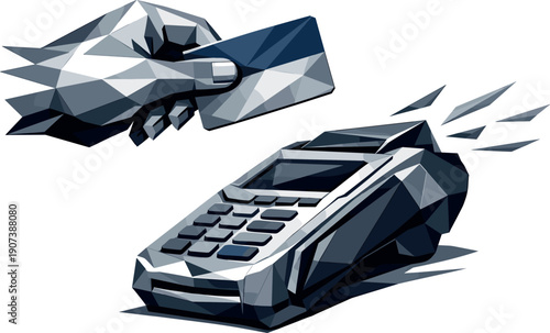 Low-poly vector illustration of the setup before a credit card swipe, angular hand holding a faceted card poised above a