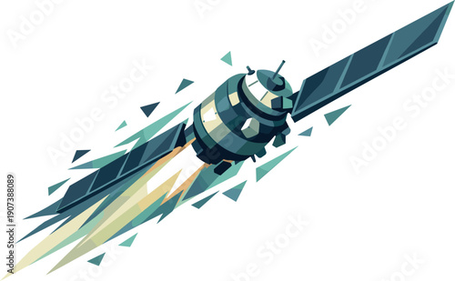 Low-poly vector illustration of a satellite accelerating into orbit, dynamic sweeping diagonal composition with the satellite