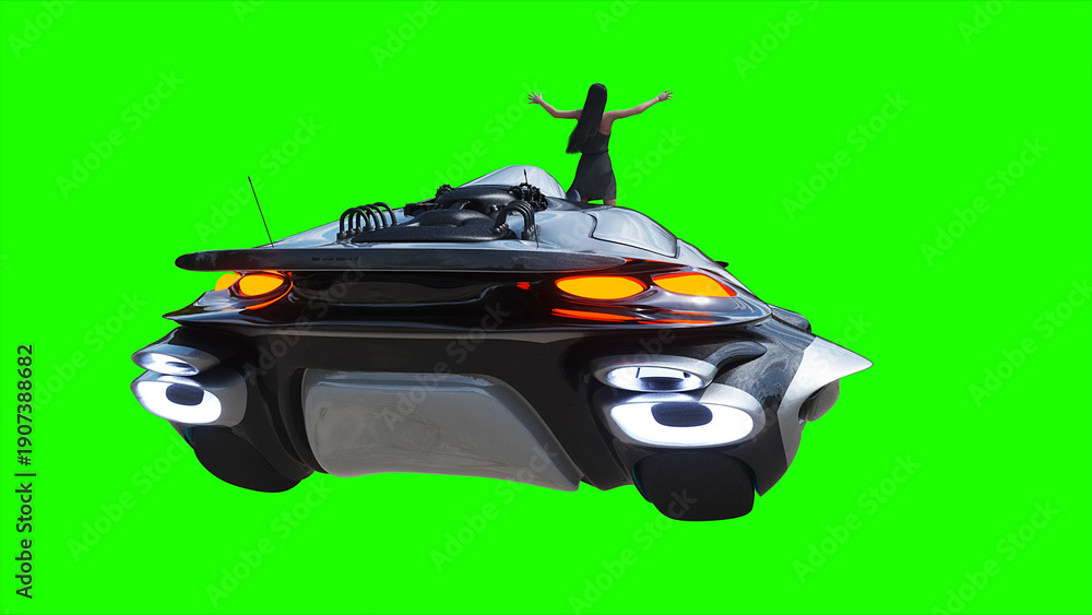Naklejka premium Flying futuristic car and a woman with hair blowing in the wind. reflections on the car body. green screen isolate. 3d rendering.