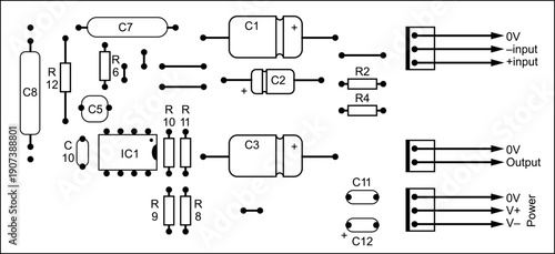 Placement of components of radio elements (contact
pads, seats) on printed circuit
board of electronic device. Vector technical
drawing. Pcb template. Electric background.
Computer technic cad design.