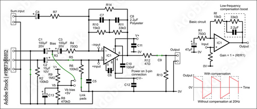 Schematic diagram of digital electronic device 
on paper sheet. Vector drawing electrical circuit with 
integrated circuit of operational amplifier,  
capacitor, resistor, connector, other components.