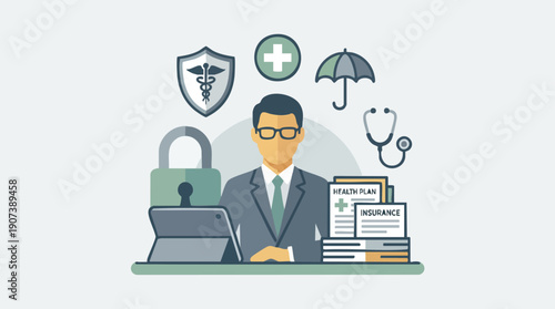 Businessman with insurance and medical documents.