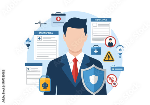 Businessman with security shield emblem.