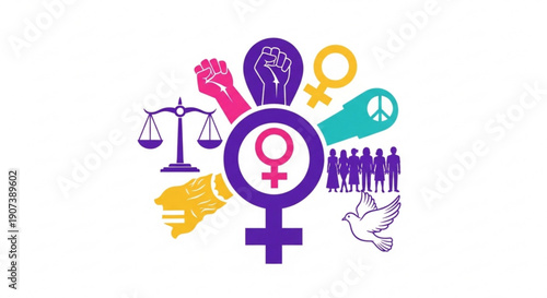 Female empowerment symbols fists scales peace signs and equality icons in purple pink and yellow