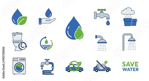 Water conservation icons set with green and blue graphics