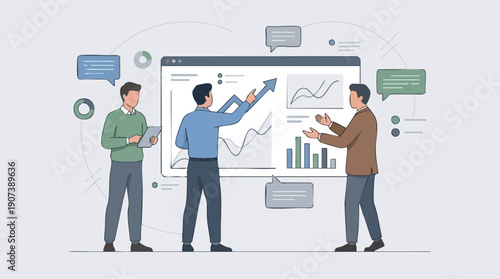 Businessmen discuss data on whiteboard.