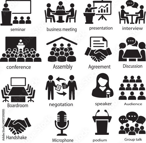 Business Meeting and Conference Solid Icons Set – Seminar, Presentation and Discussion Collection, for corporate materials, training content, dashboards, web and app UI, and communication graphics.