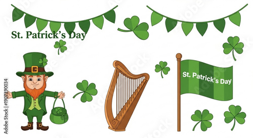 St patrick's day celebration with leprechaun harp and shamrocks on white