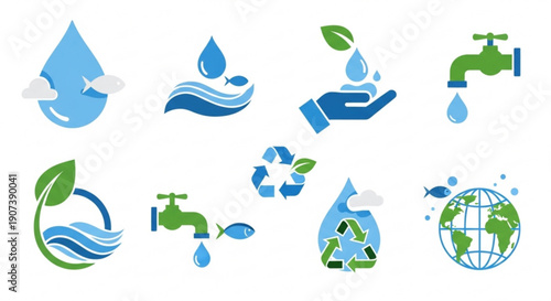 Water conservation icons set with eco friendly symbols and recycling concepts