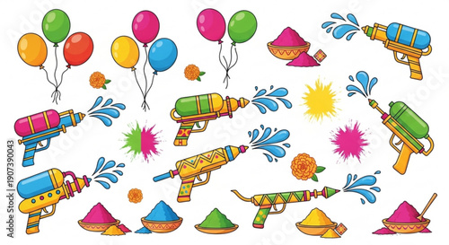 Colorful holi festival decorations with water guns and balloons