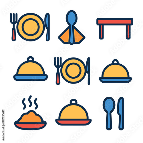 Colorful food icons: plates, cutlery, and cloche designs on dark background