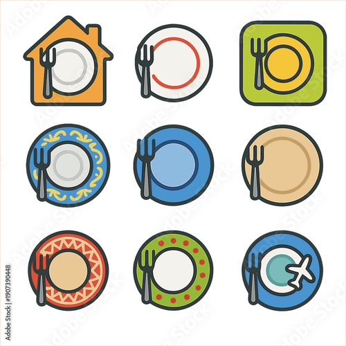 Colorful dining icons with plates and forks in nine unique designs