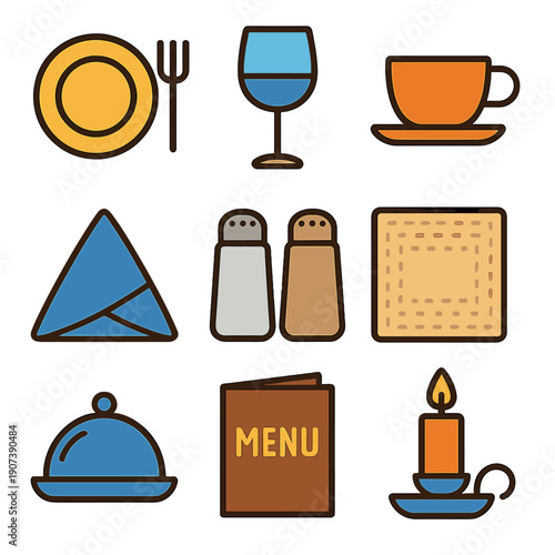 Colorful dining icons: tableware, menu, and candlelight elements