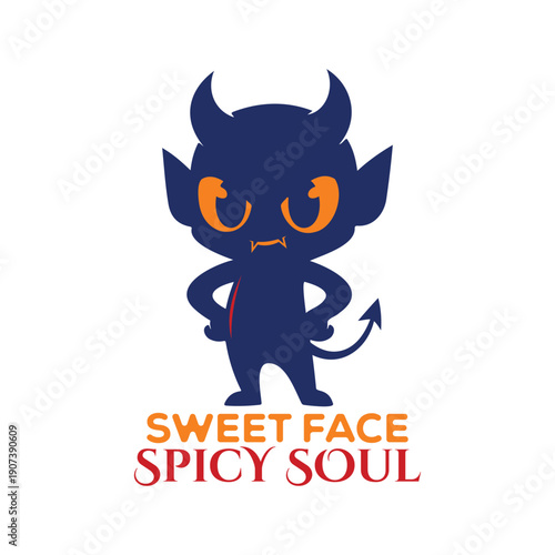 Funny Cute Cartoon Devil little character T-shirt Design. with text "Sweet Face Spicy Soul".