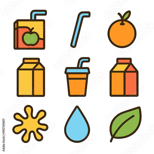 Colorful juice icons featuring fruits and straws on a gradient background