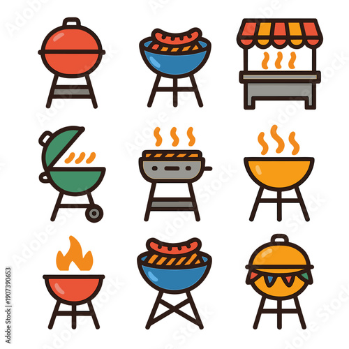 Vibrant bbq icon set featuring grills, smokers, and sausages