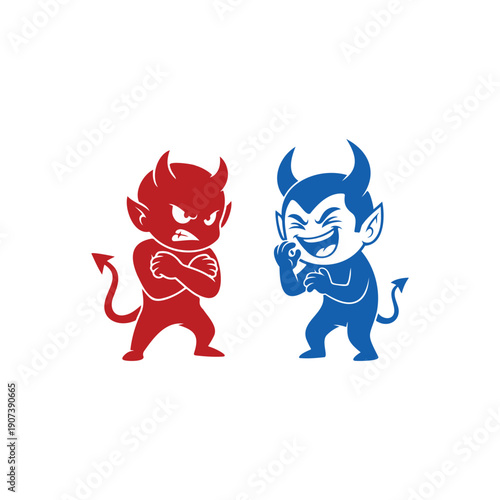 Two cartoon devils evil characters, one angry, the other funny mischievous, standing, funny vector illustration.