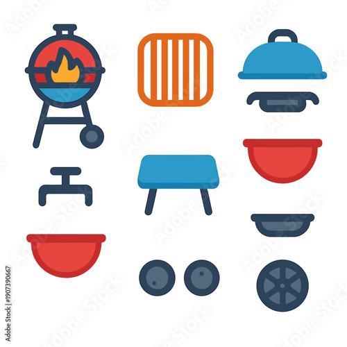 Barbecue icons set with grill, fire, and cooking elements in flat design