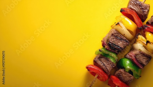 Skewered grilled meat and vegetables against a bright yellow background