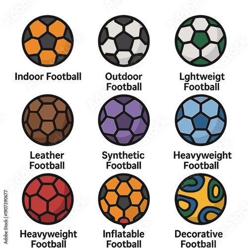 Colorful football icons set featuring various types for indoor and outdoor games