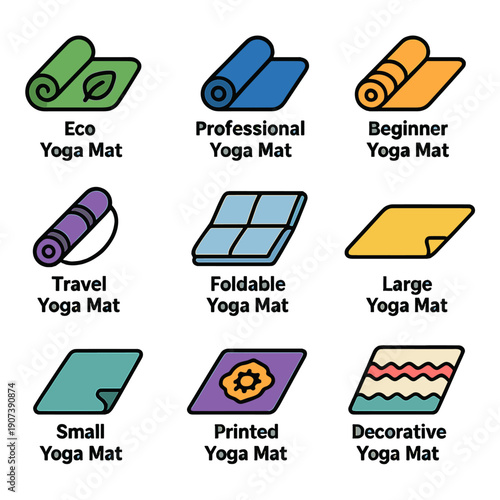 Colorful yoga mat types: eco, professional, beginner, travel, foldable, large, small