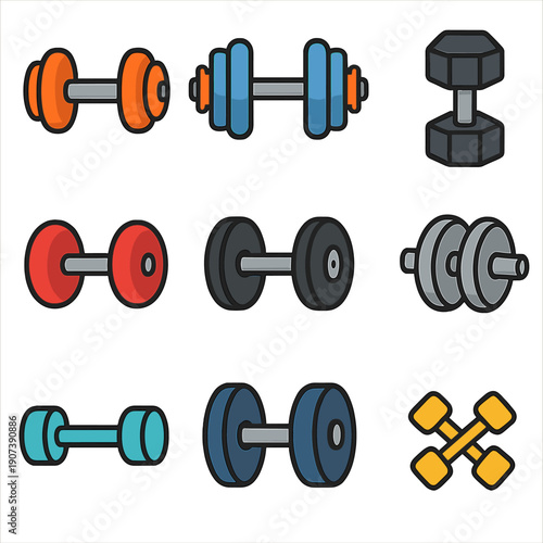 Colorful dumbbells icons set for fitness and exercise illustrations