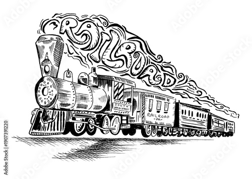 Vintage pen and ink hand-drawn illustration of locomotive with the hand lettering of the word Railroad coming out of the smoke stacks of the train