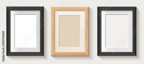 Three rectangular picture frames with varied colors and matte borders on a white backdrop