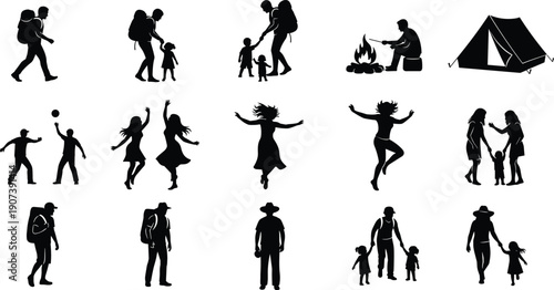 Family and outdoor activity silhouettes with hiking, camping, dancing, playing ball, joyful lifestyle scenes, nature recreation artwork, bonding concept design, flat vector illustration