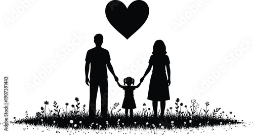 Family silhouettes with parents and child holding hands, love heart symbol, unity concept, togetherness scene, parental care, happy family artwork, flat vector illustration