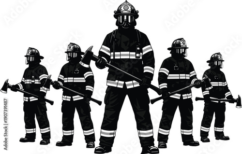 Firefighter silhouettes in protective gear with axes, emergency response artwork, strength unity concept, rescue team design, safety profession theme, bold heroic symbol, flat vector illustration