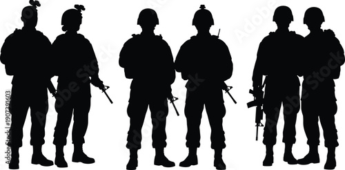 Soldier silhouettes in military gear with rifles, defense teamwork concept, armed forces artwork, combat readiness design, security profession theme, bold uniform symbol, flat vector illustration