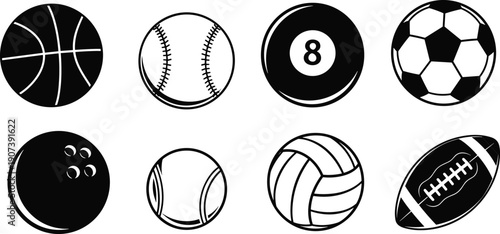 Sports ball silhouettes collection with basketball, baseball, soccer, tennis, volleyball, football, bowling, billiard artwork, athletic equipment design, recreation theme, flat vector illustration