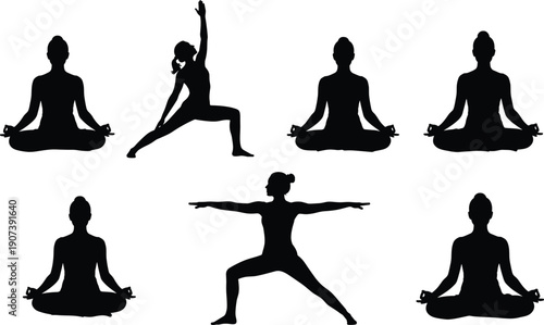 Yoga silhouettes with meditation and standing poses, design, wellness lifestyle concept, spiritual practice theme, calm body artwork, flat vector illustration