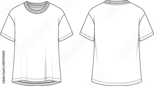 Basic short sleeve t‑shirt technical sketch, front and back view, fashion design template, apparel construction drawing, clothing outline, garment production artwork, flat vector illustration