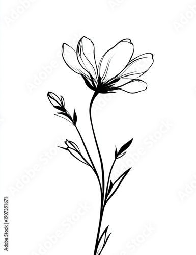 Delicate black and white line drawing of a cosmos flower with stem and buds on a white background