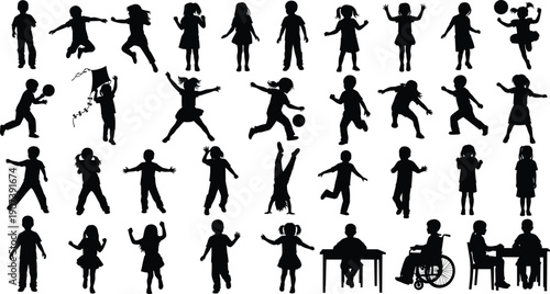 Children silhouettes collection with playful activities, design, childhood diversity, dynamic movement artwork, fun lifestyle concept, flat vector illustration