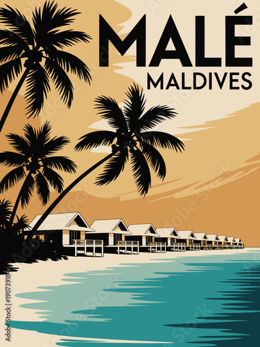MALÉ Poster: Large Black Text with Accent Mark and Smaller Maldives Text Below Featuring Tropical Island Travel Poster
