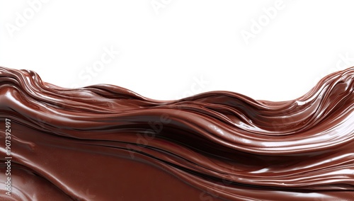 A swirling mass of glossy, dark chocolate against a stark white background