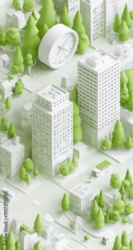 Isometric view of a green and white city with tall buildings, trees, and a clock