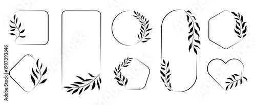 Botanical Frame and Wreath Set with Willow Branches and Leaves, Hand-Drawn Elements Floral Vector