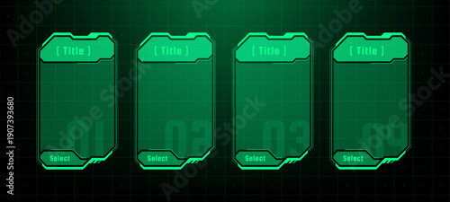 Green hud vector interface with four blank frames. Futuristic ui display element for games, apps, virtual reality, and data visualization.