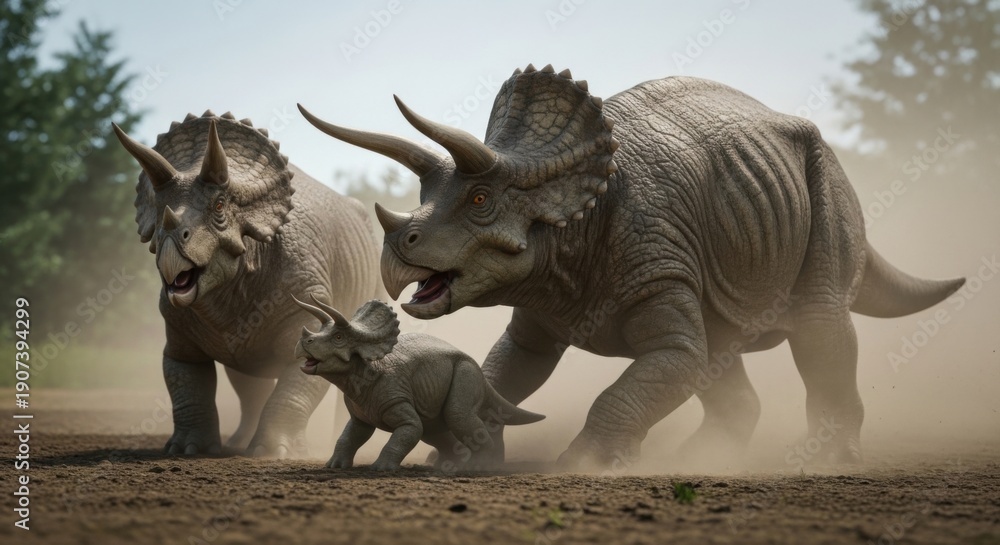 Fototapeta premium Triceratops family running through dusty prehistoric landscape