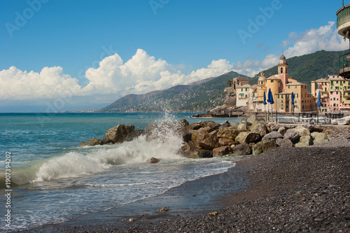 coast of the fishing town of Camogli, colorful houses and fortress, stone and...