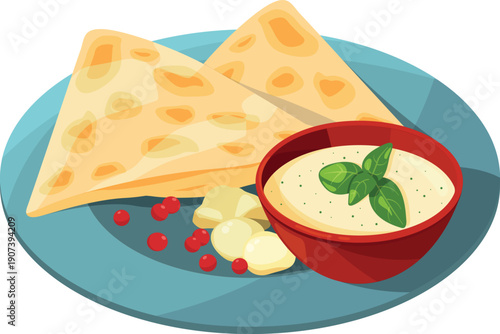 Samosas plate cartoon icon. Indian pastry dish