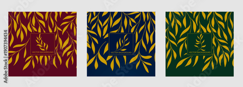 Background Template Set with Willow Branches and Leaves, Elegant Botanical Background, and Logo