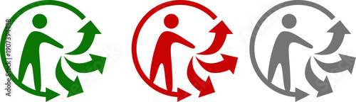 Interaction of human figure with arrows in a circular movement, set of conceptual icons of recycling and environmental sustainability, waste management and ecological responsibility concept