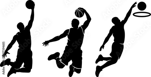 Basketball Slam Dunk Silhouette Set Vector Illustration Featuring Jumping Player Action and Hoop Isolated on White Background