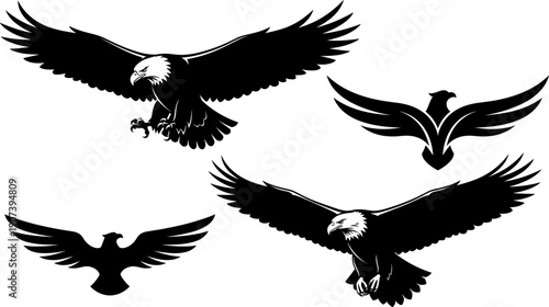 Eagle Silhouette Collection Vector Illustration Featuring Flying Birds and Logo Design Elements Isolated on White Background